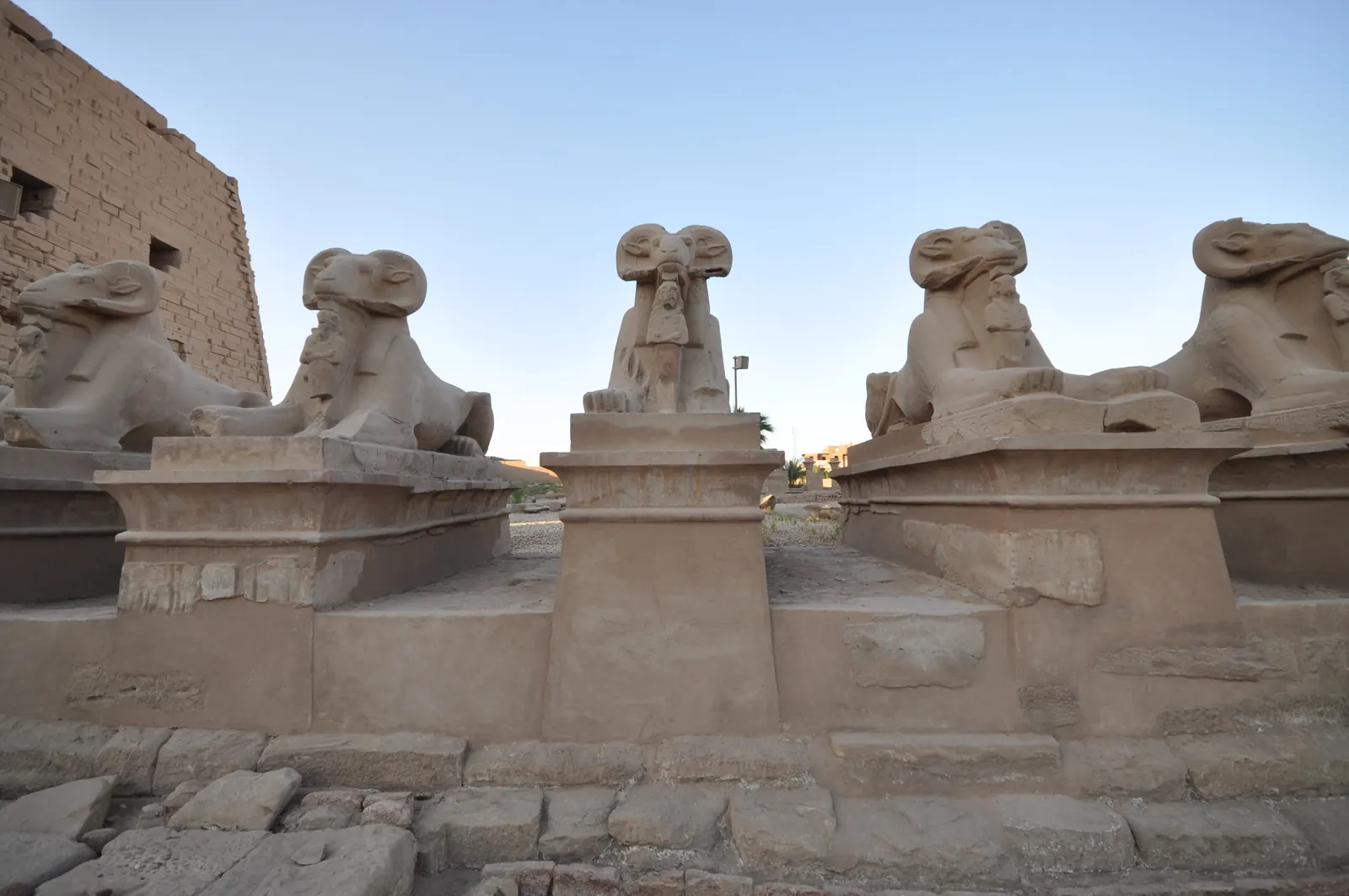 Les sphinx à tête de bélier devant le premier pylône de Karnak